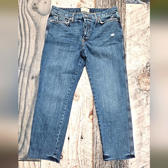We The Free Denim - We The Free People Dark Wash Raw Hem Fly Button Jeans Women’s Size 30 Inseam 26"